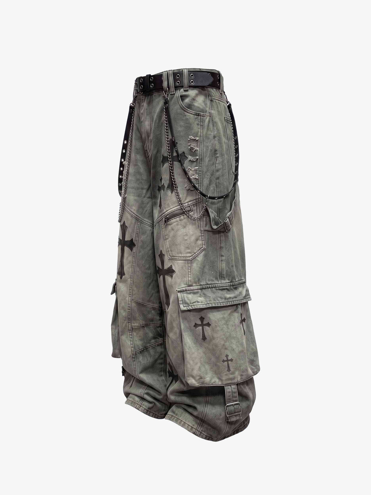 Washed Gothic Cargo Pants with Cross Print – Side flat | XoKool
