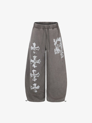 Washed Gothic Cross Print Wide Leg Sweatpants – Taupe Grey, front flat | XoKool