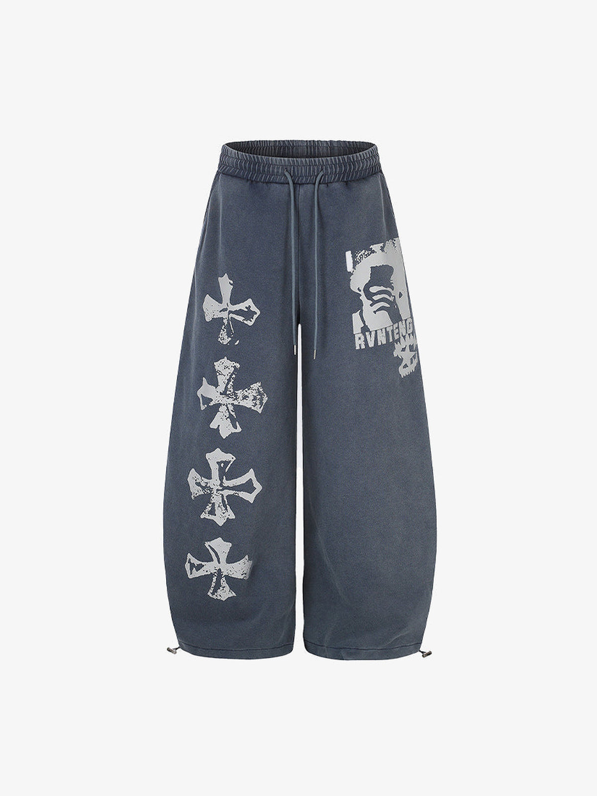 Washed Gothic Wide Leg Jogginghose mit Kreuz-Print – Washed Navy, Vorderseite flach | XoKool