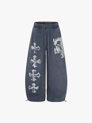 Washed Gothic Cross Print Wide Leg Sweatpants – Washed Navy, front flat | XoKool