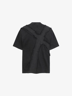 Washed Gothic Cross T-Shirt with Frayed Panels – Black, back view | XoKool