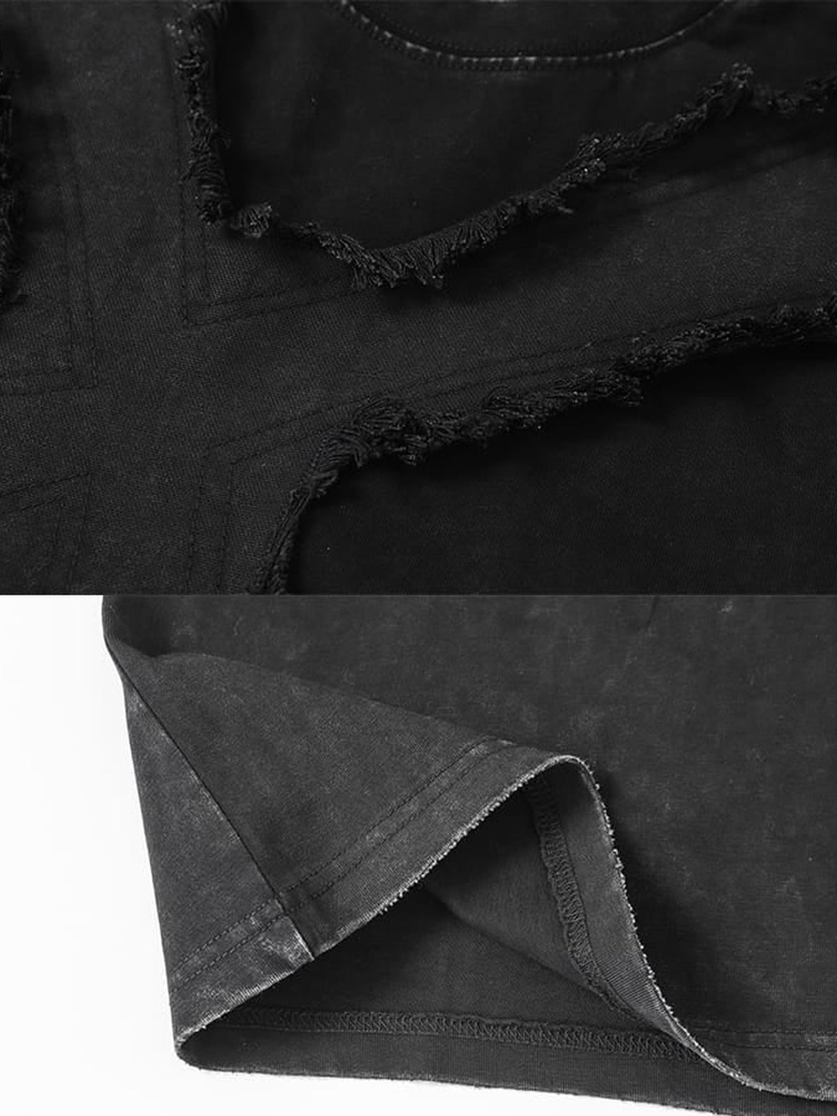 Gothic cross tee – Black, frayed panel and hem close-up | XoKool