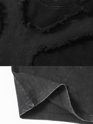 Gothic cross tee – Black, frayed panel and hem close-up | XoKool