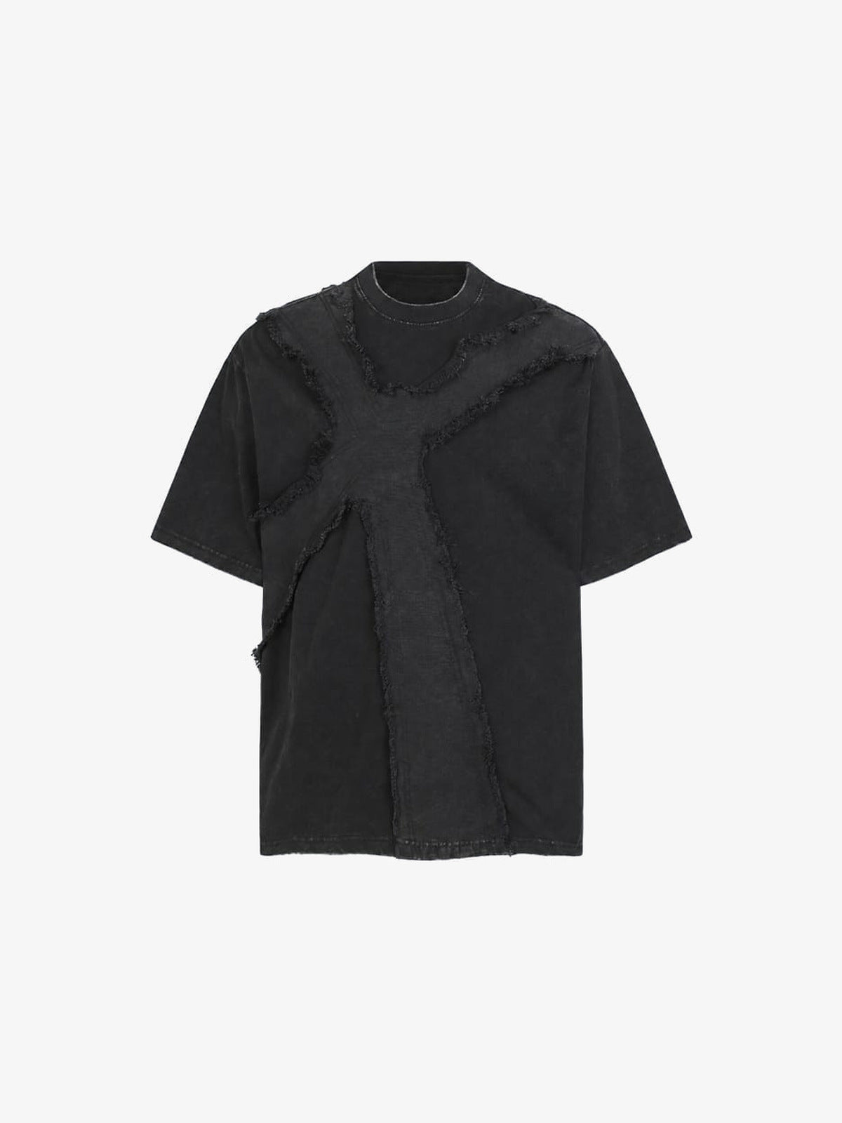 Washed Gothic Cross T-Shirt with Frayed Panels – Black, front view | XoKool