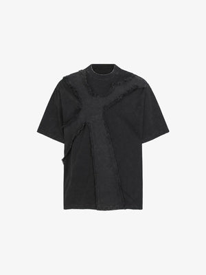 Washed Gothic Cross T-Shirt with Frayed Panels – Black, front view | XoKool