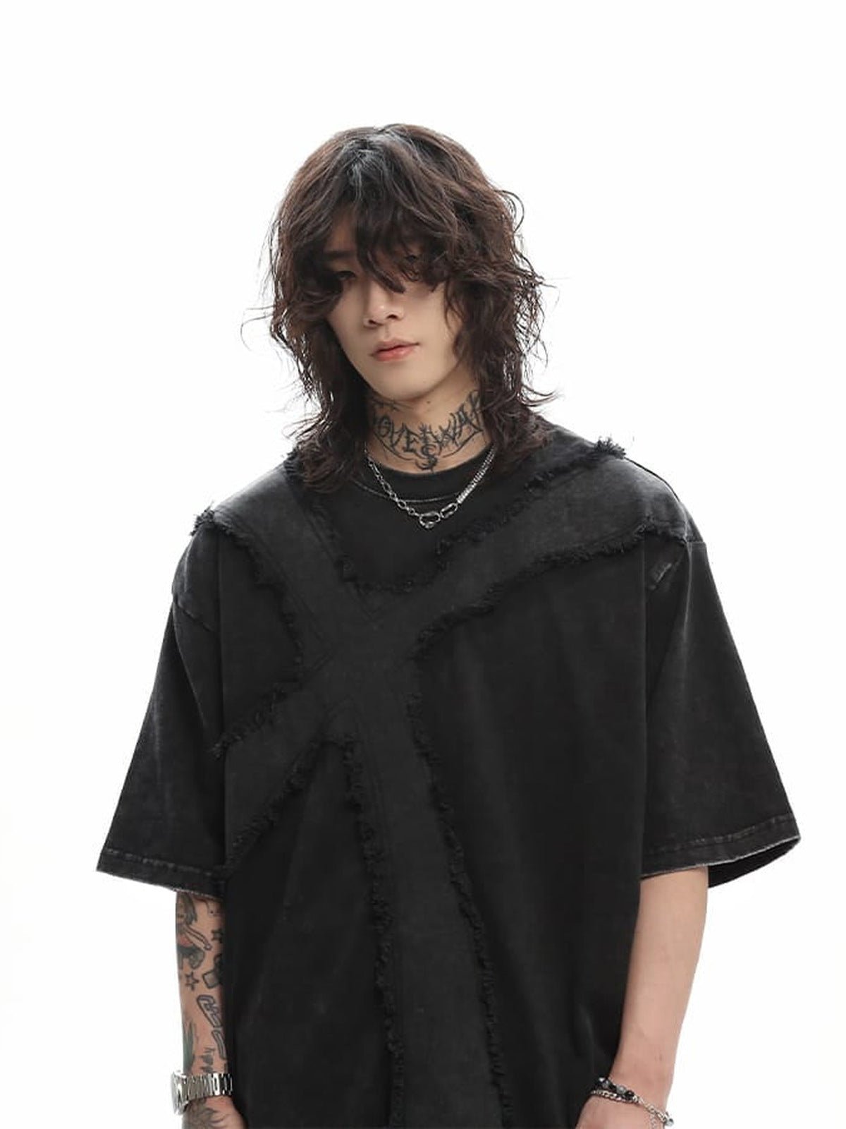 Washed Gothic Cross T-Shirt with Frayed Panels – Black, on model front | XoKool