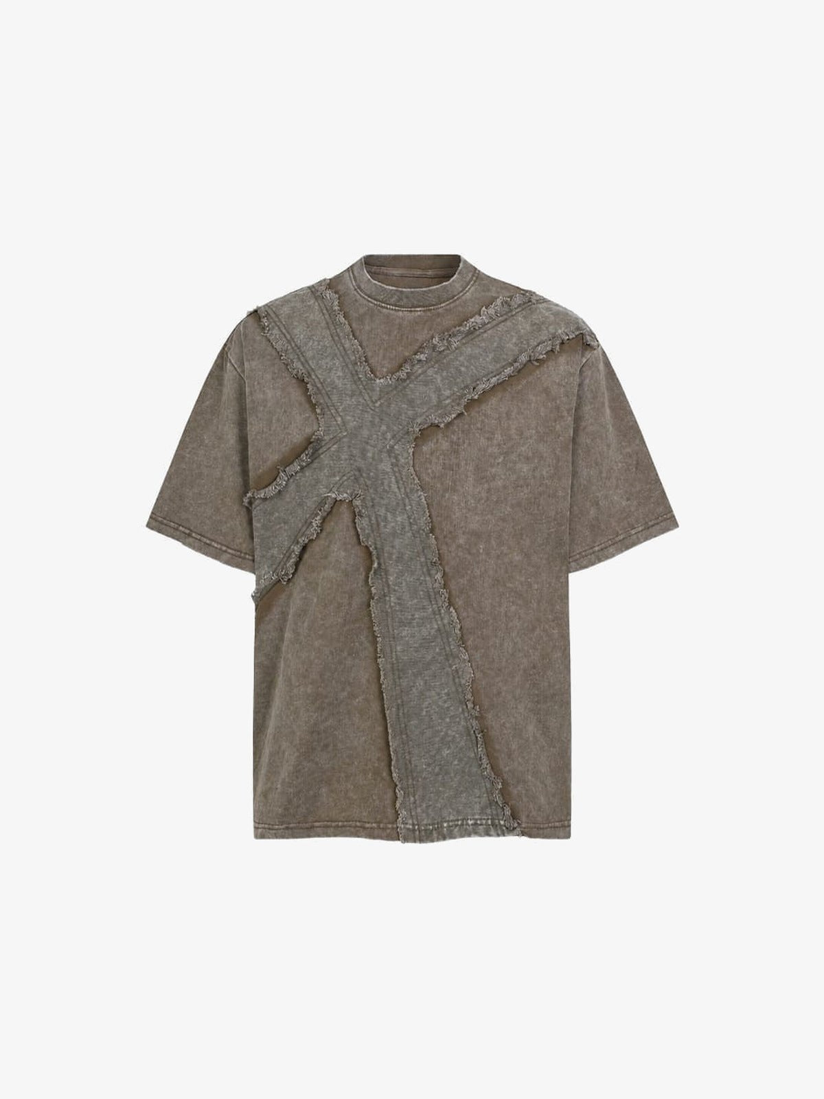 Washed Gothic Cross T-Shirt with Frayed Panels – Brown, front view | XoKool