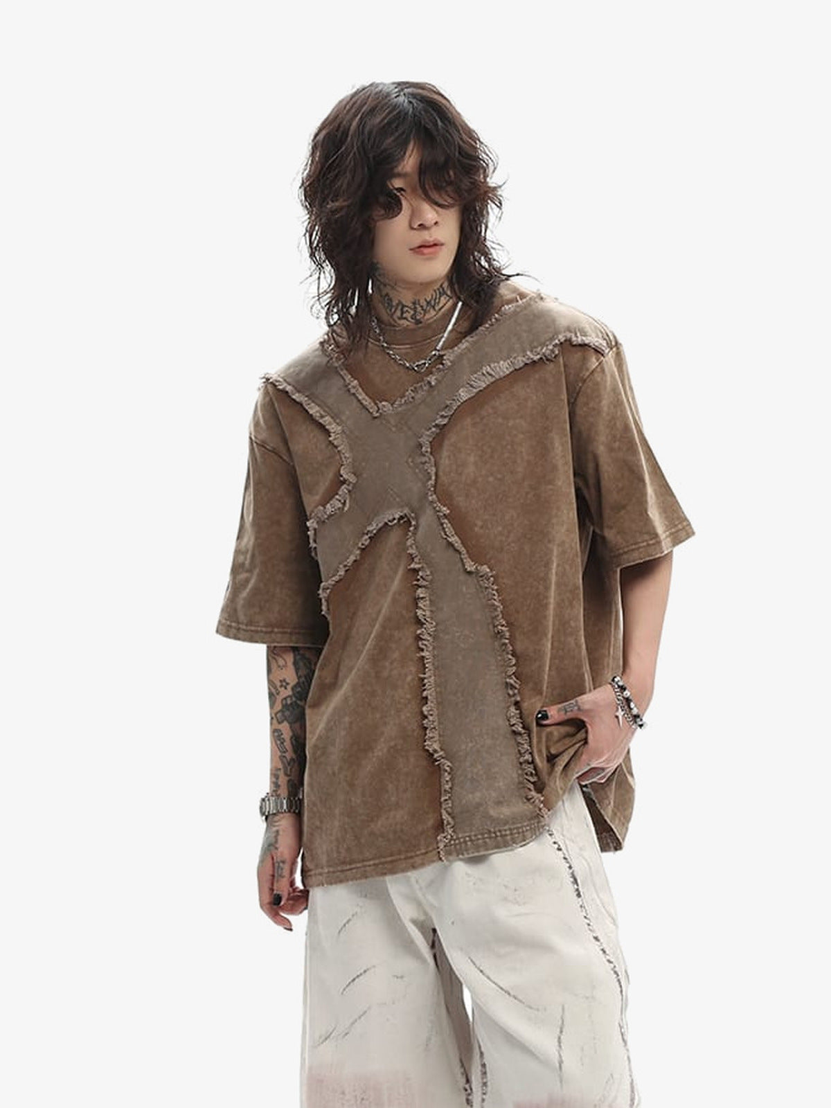 Gothic cross tee – Brown, on model front | XoKool