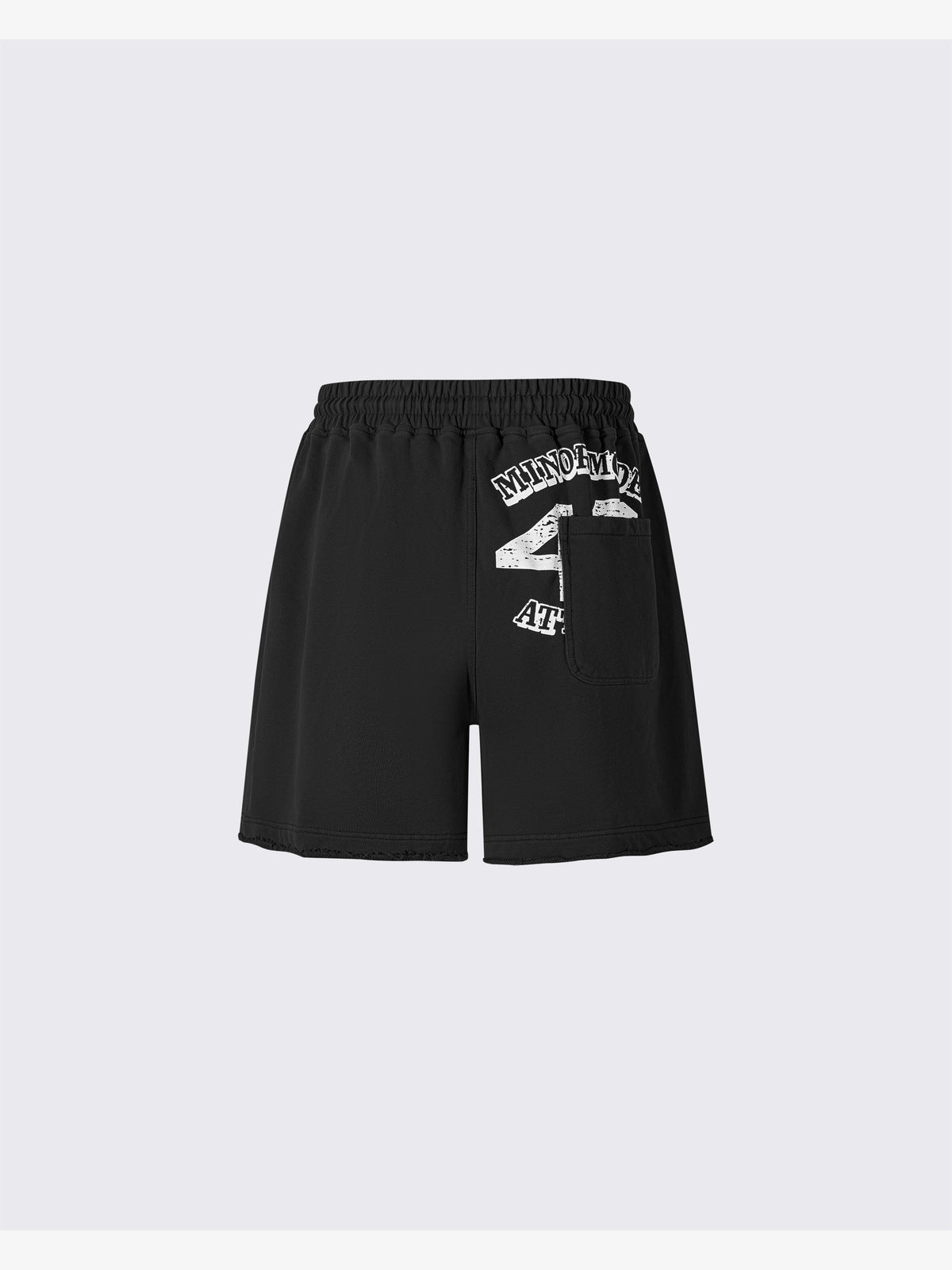 Washed Sweatshorts mit Grafik und offenem Saum – Schwarz, Rückseite flach | XoKool
