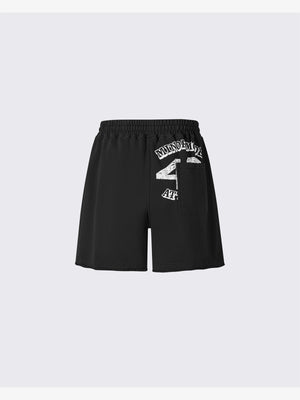Washed Graphic Sweat Shorts with Raw Hem – Black, back flat | XoKool