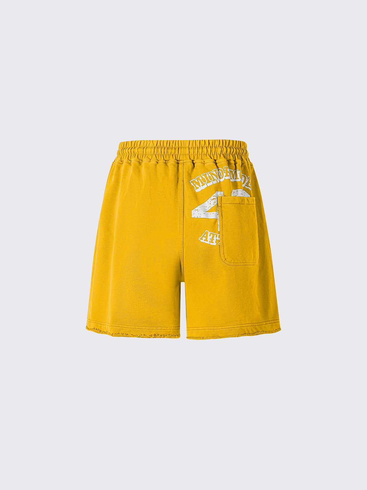 Washed Graphic Sweat Shorts with Raw Hem – Mustard Yellow, back flat | XoKool
