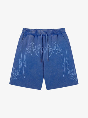 Washed Graphic Sweat Shorts with Thorn Cross Print – Washed Blue, front flat | XoKool