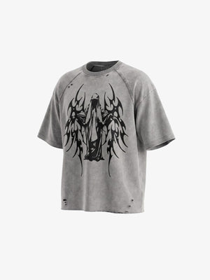 Washed Grey Angel Wings Raglan Tee – Grey, alternate front view | XoKool