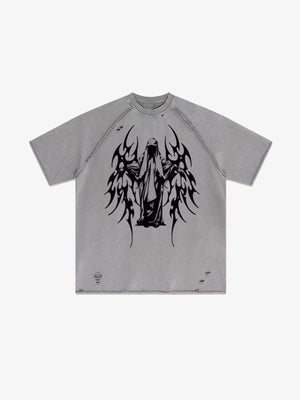 Washed Grey Angel Wings Raglan Tee – Grey, third front view | XoKool