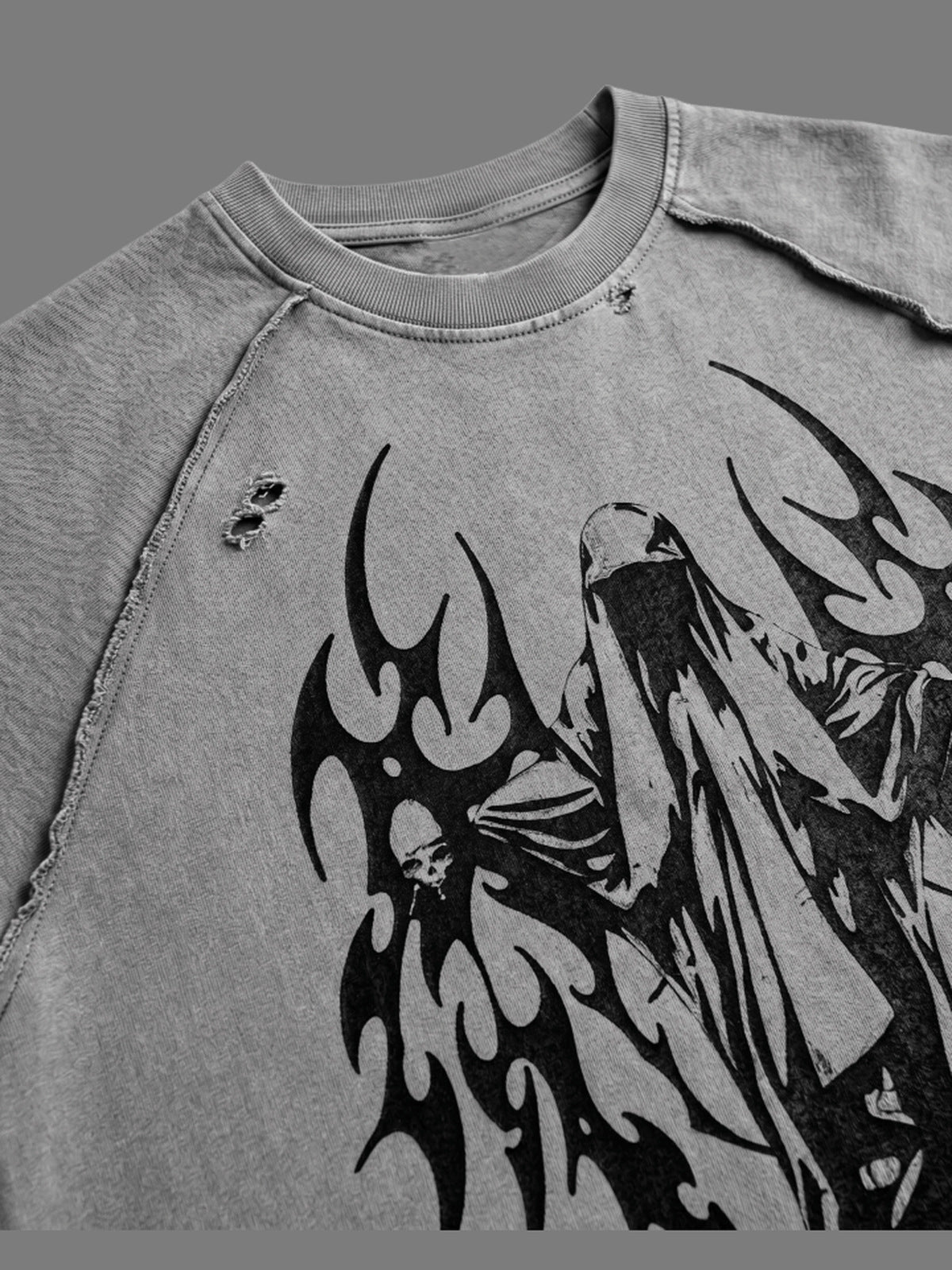 Washed Grey Angel Wings Raglan Tee – neck and print close-up | XoKool