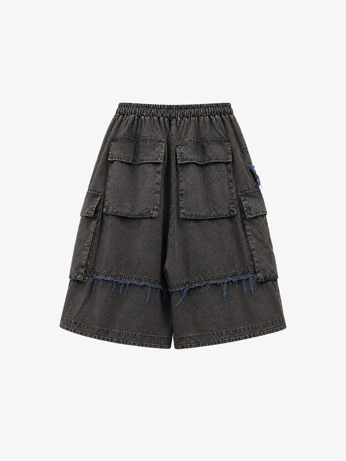 Washed graue Baggy Cargo Shorts mit ausgefransten Einsätzen – Grau/Blau, Rückseite flach | XoKool