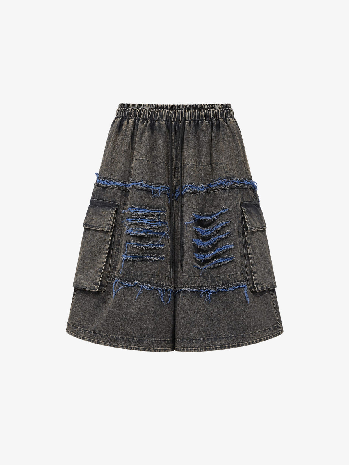 Washed graue Baggy Cargo Shorts mit ausgefransten Einsätzen – Grau/Blau, Vorderseite flach | XoKool