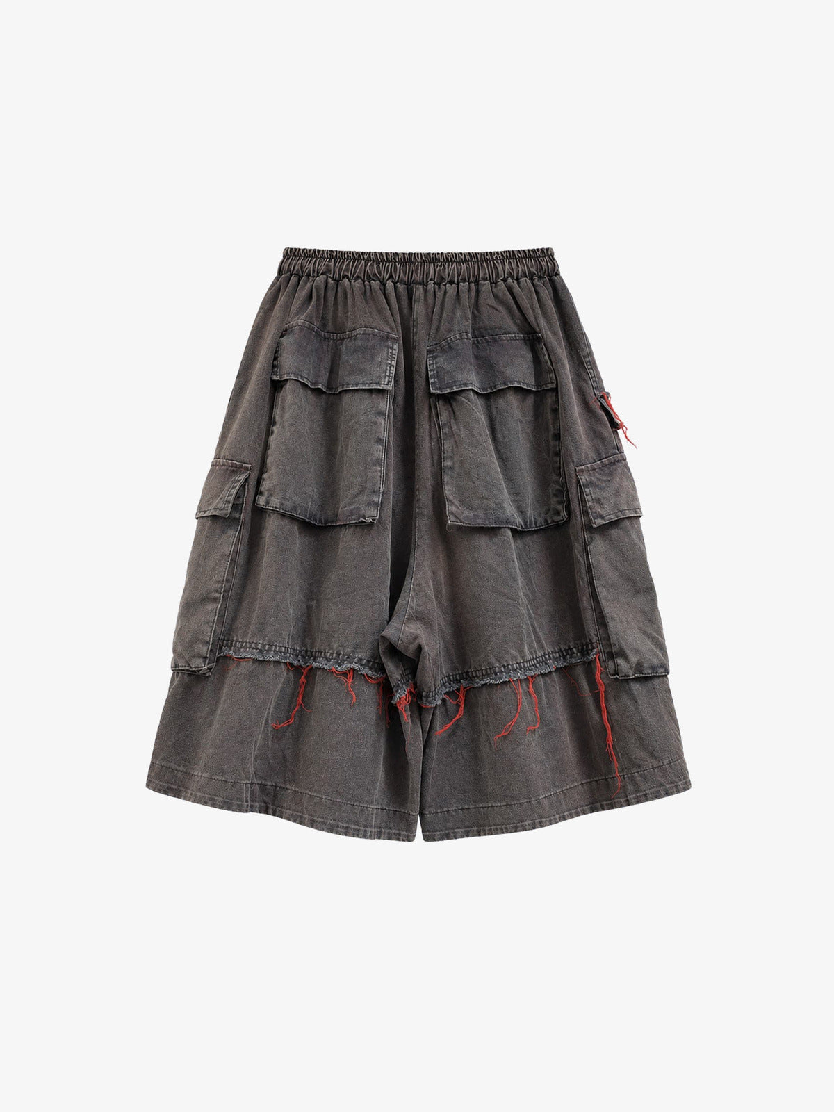 Washed graue Baggy Cargo Shorts mit ausgefransten Einsätzen – Grau/Rot, Rückseite flach | XoKool
