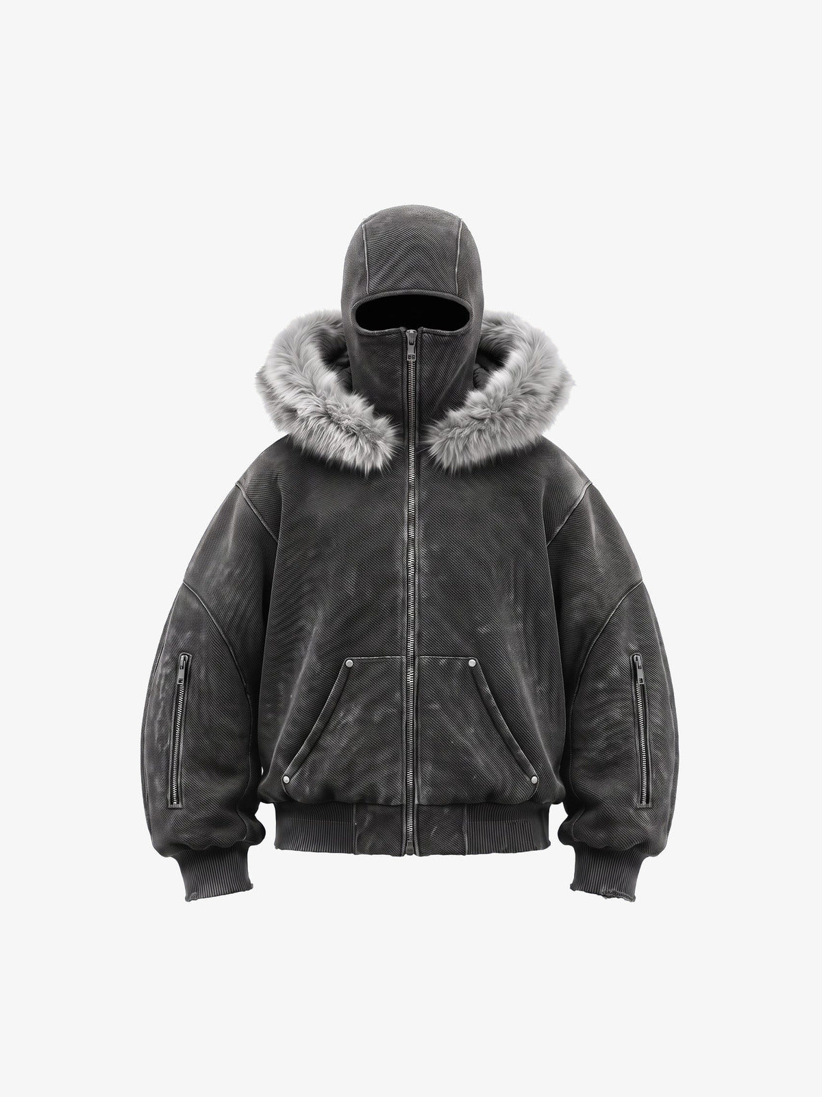 Washed Graue Bomberjacke mit Balaclava-Kapuze und Fellbesatz – Grau, Vorderseite flach | XoKool