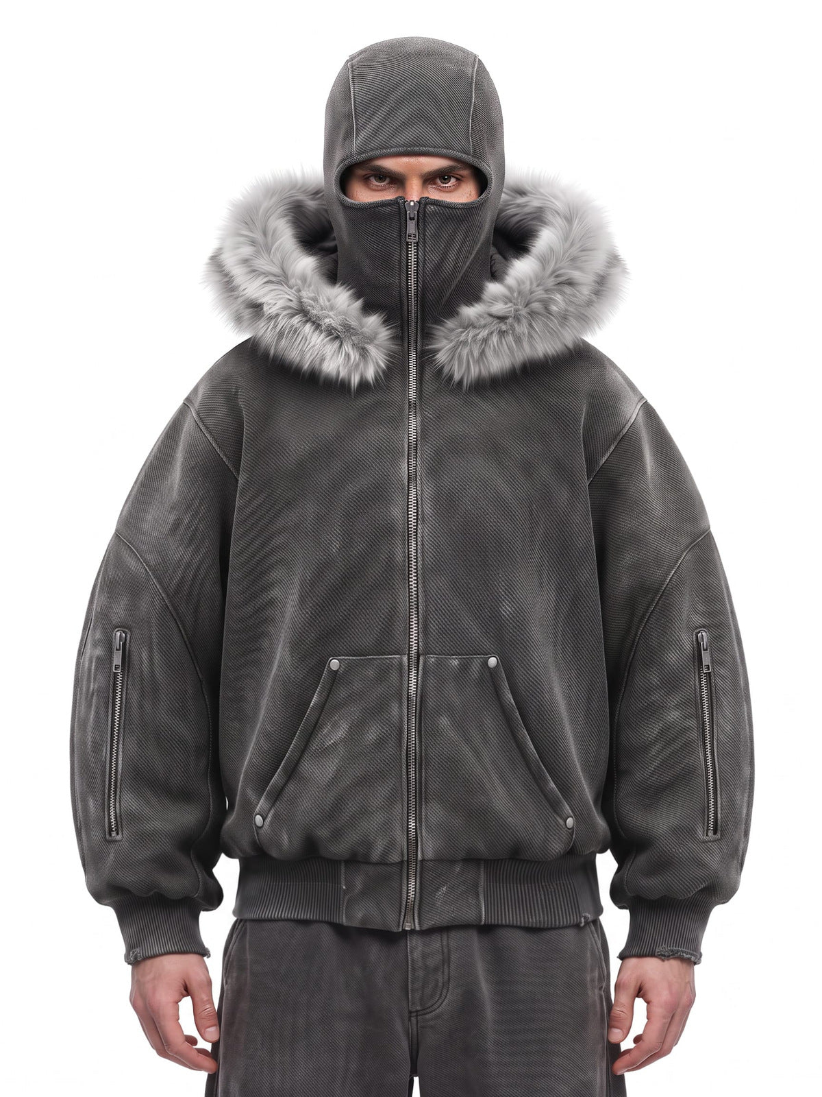 Washed Graue Bomberjacke mit Balaclava-Kapuze und Fellbesatz – am Model, vorne, Balaclava oben | XoKool