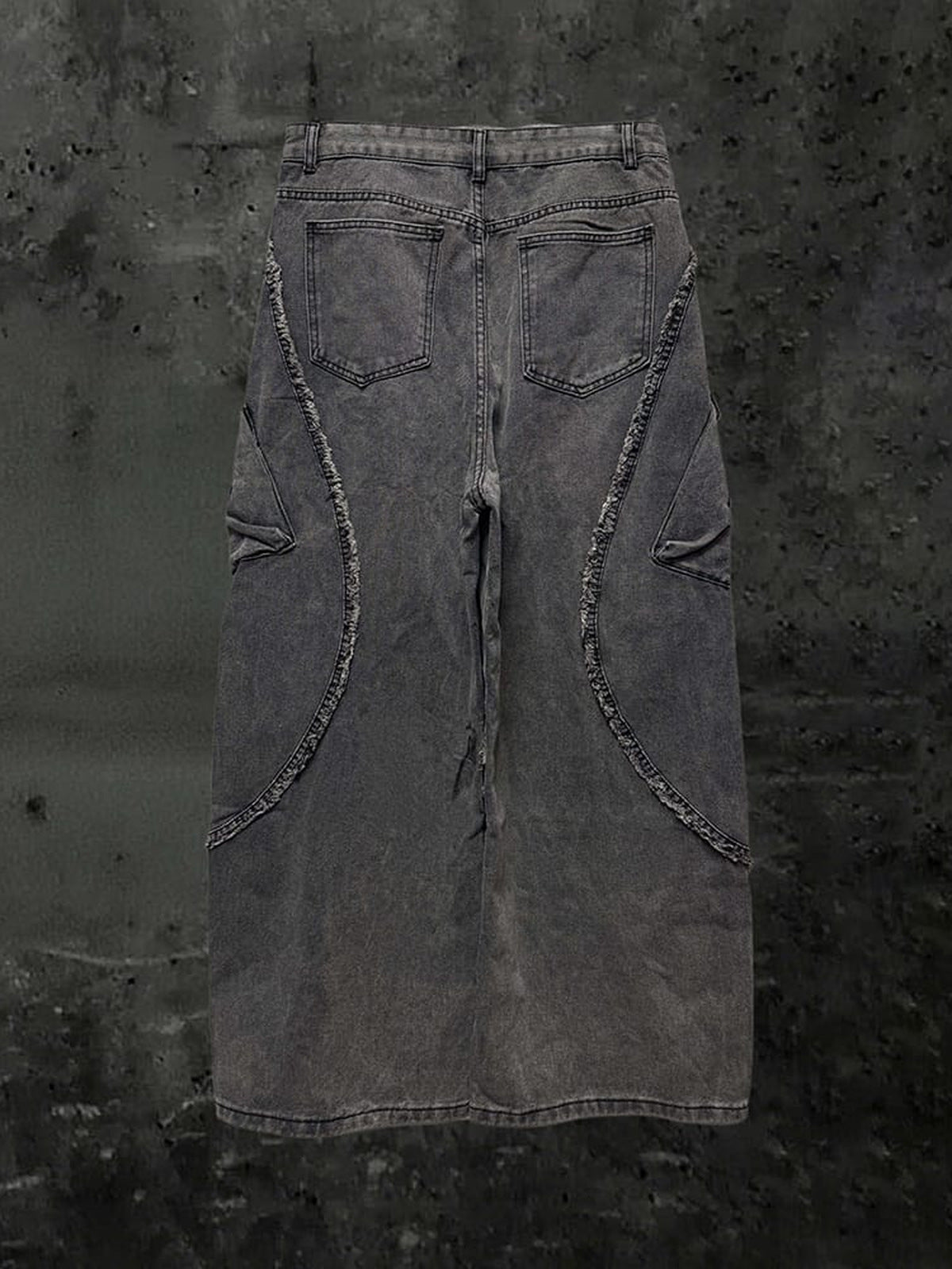 Washed Grey Cargo Jeans with Cross Print – back flat on dark background | XoKool