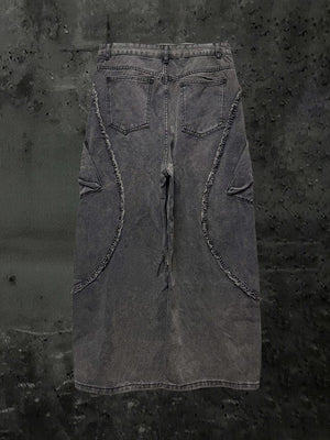 Washed Grey Cargo Jeans with Cross Print – back flat on dark background | XoKool