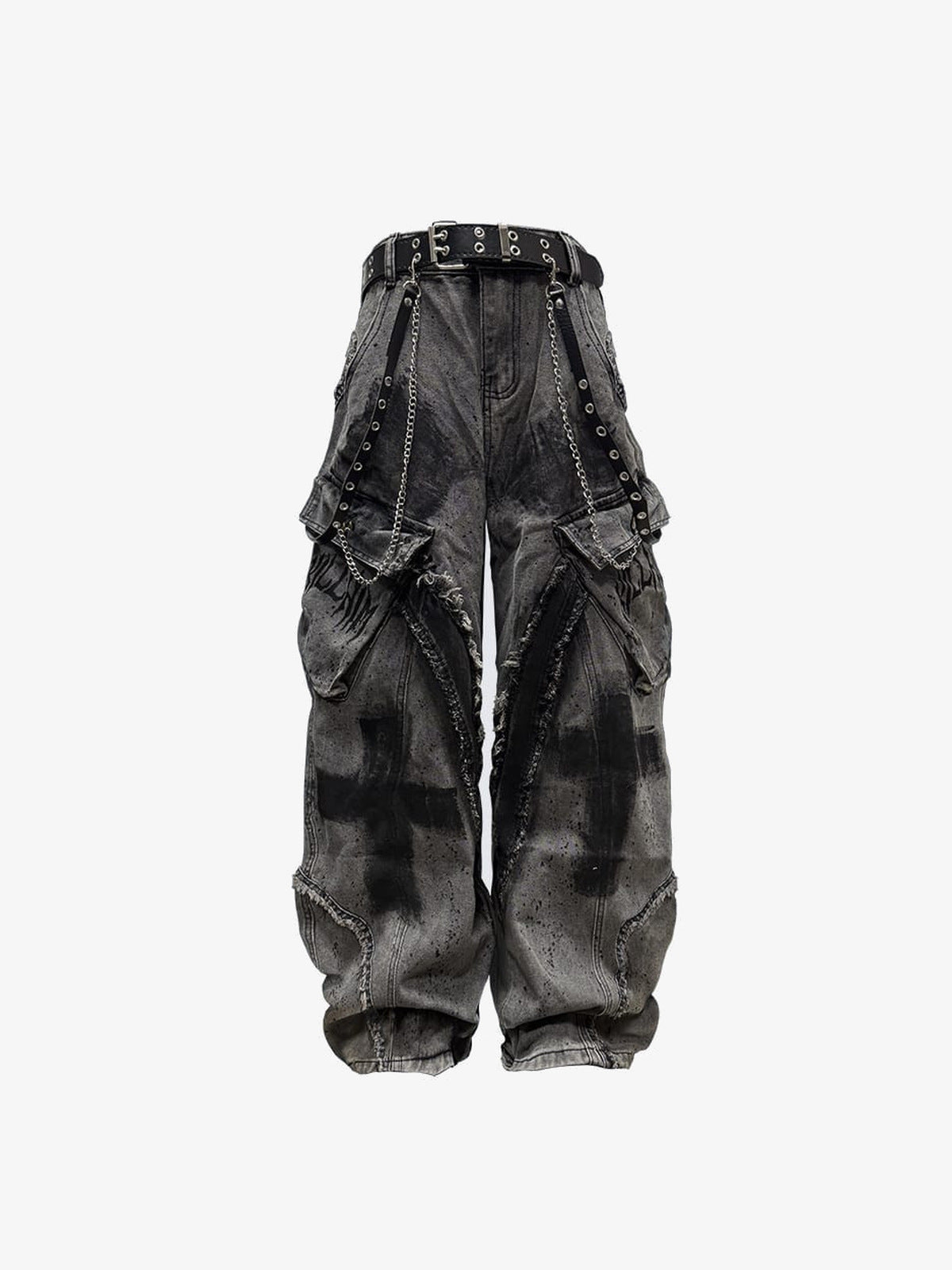 Washed Grey Cargo Jeans with Cross Print – front flat with belt | XoKool