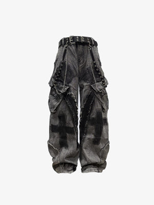 Washed Grey Cargo Jeans with Cross Print – front flat with belt | XoKool