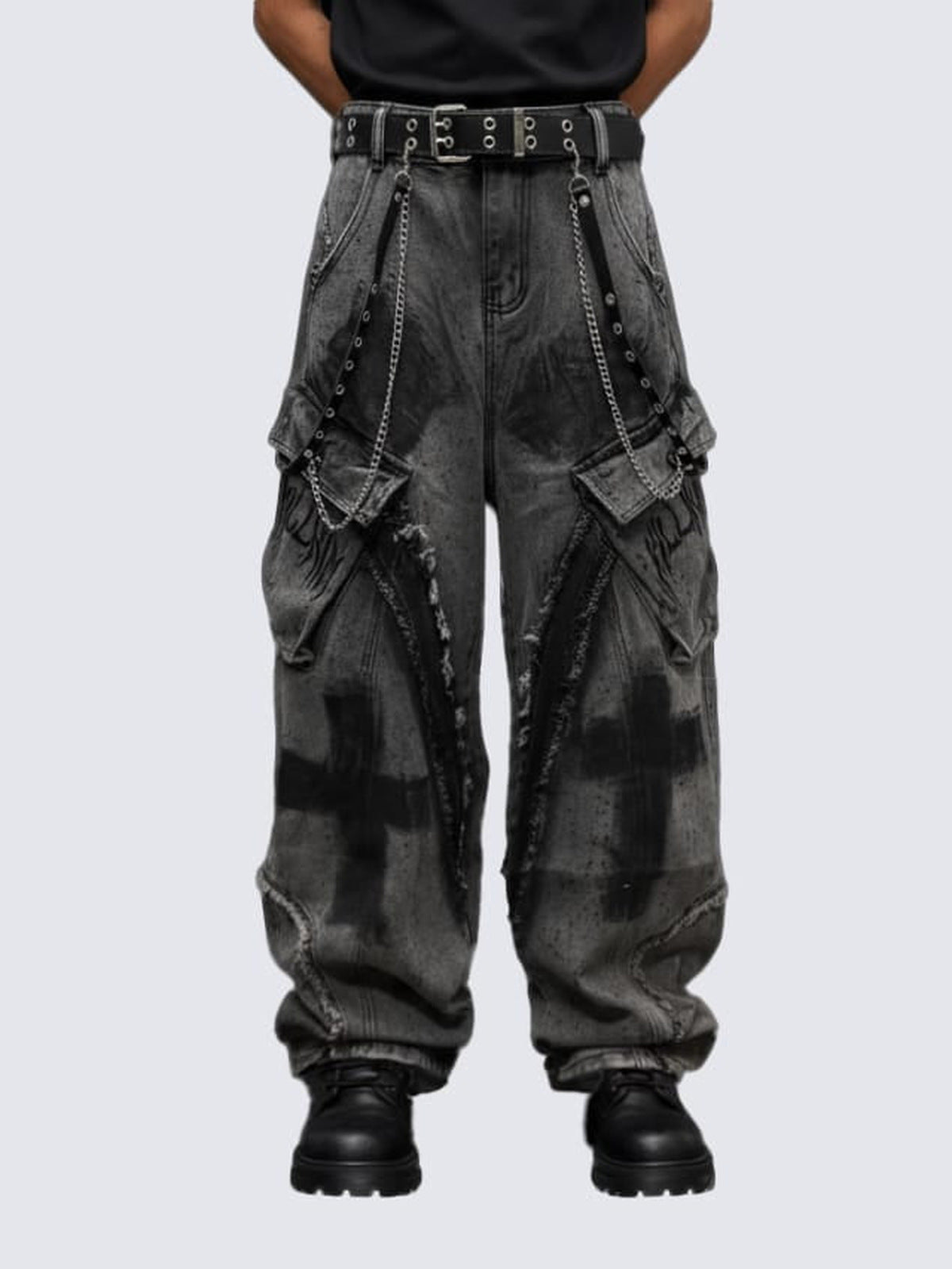 Washed Grey Cargo Jeans with Cross Print – on model front | XoKool