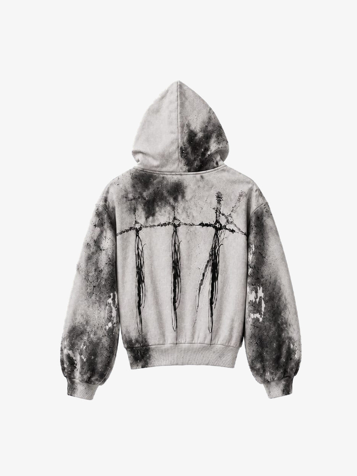 Washed Grey Cropped Grunge Hoodie mit Portrait-Print – Grau, Rückansicht | XoKool