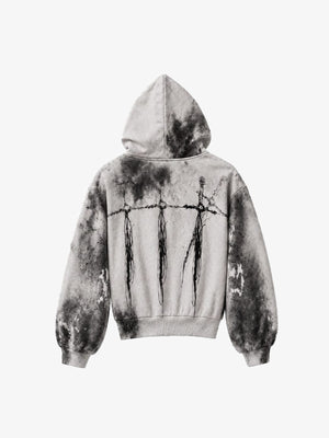 Washed Grey Cropped Grunge Hoodie mit Portrait-Print – Grau, Rückansicht | XoKool