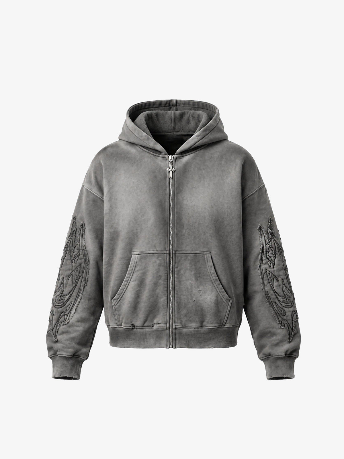 Hoodie con cierre y bordado gótico en gris lavado – gris lavado, vista frontal | XoKool