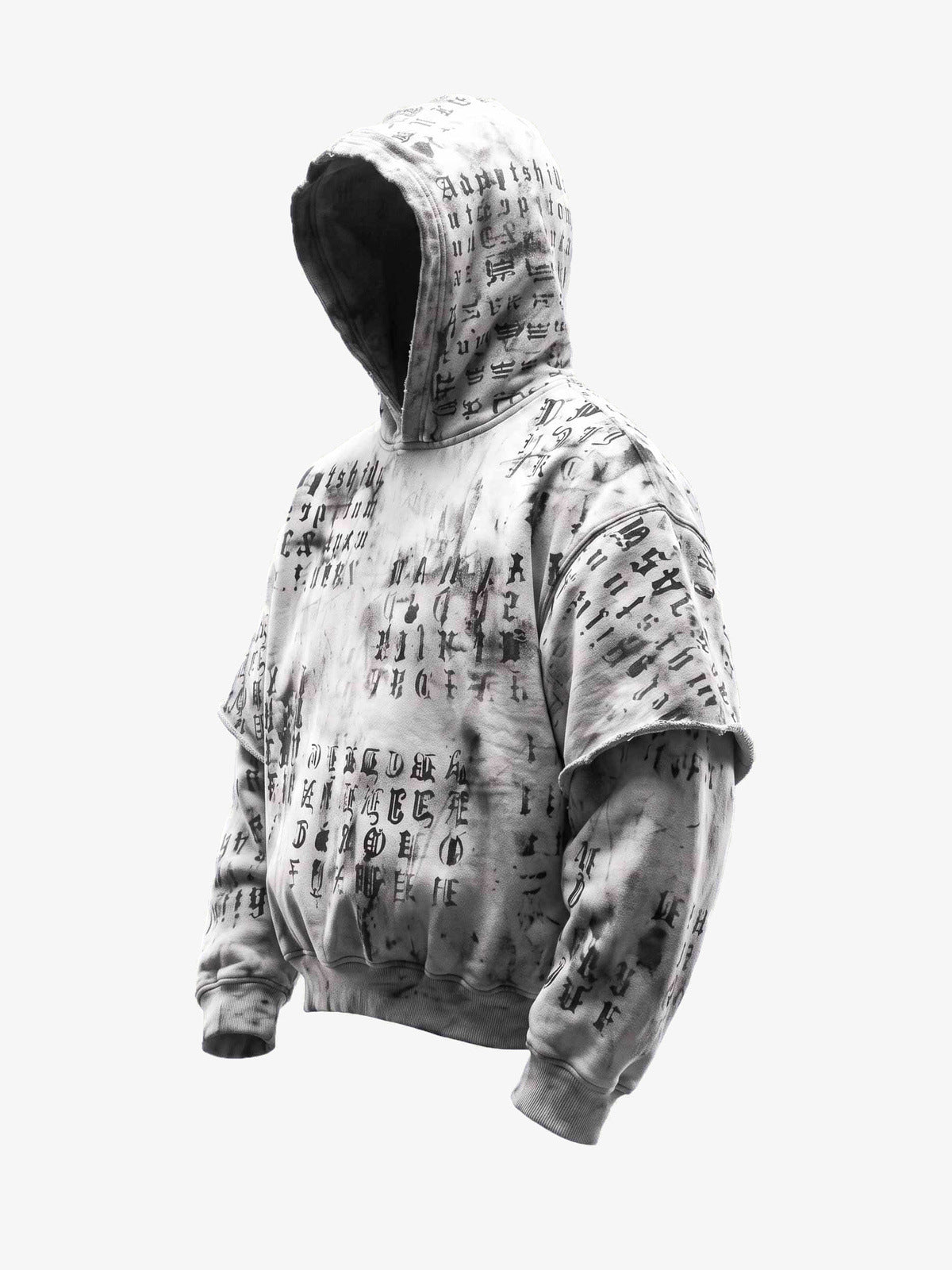Washed Grauer Hoodie mit Gothic-Schriftzug und Layered-Ärmeln – Washed Grau, schräge Ansicht | XoKool