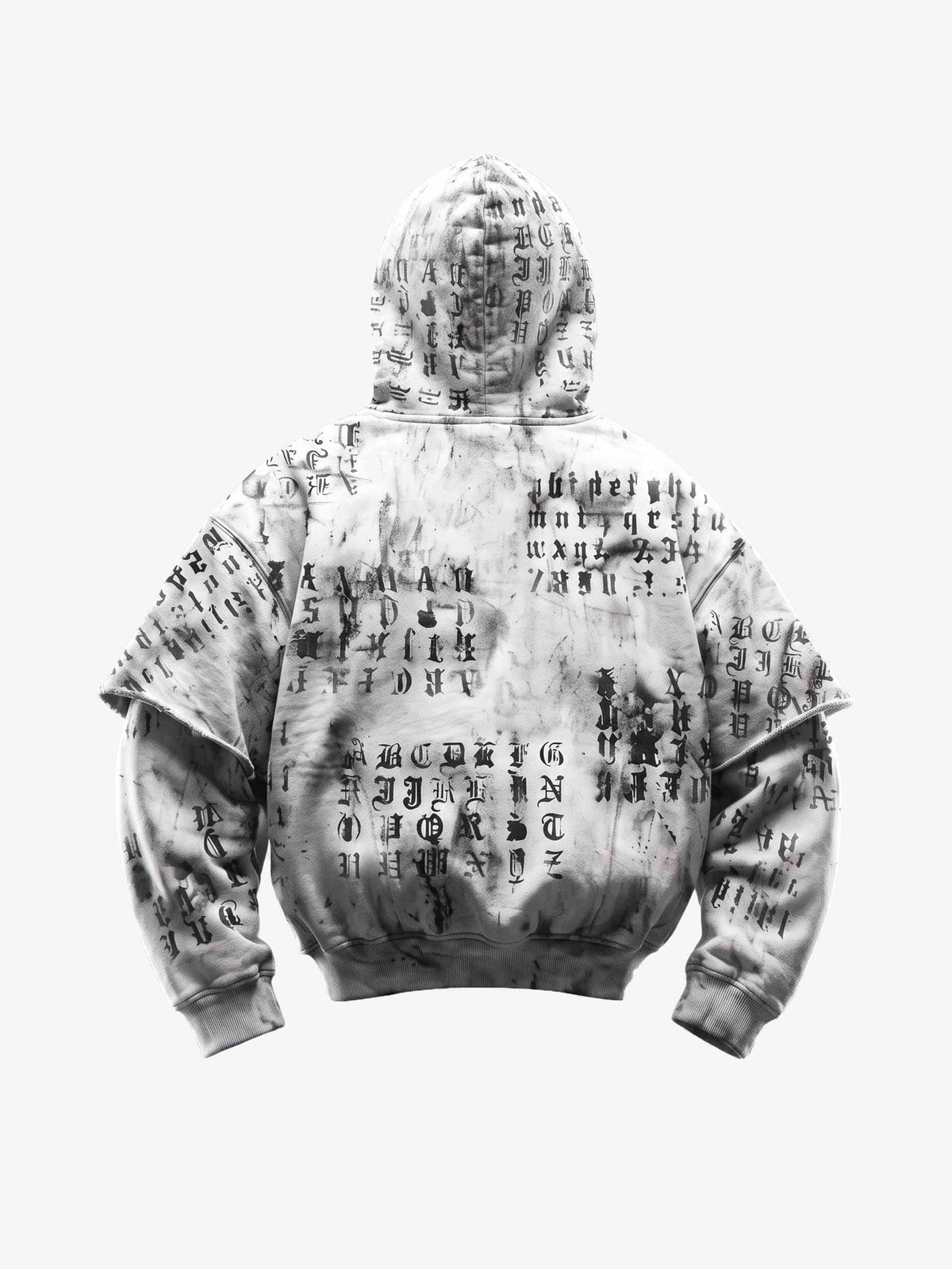 Washed Grauer Hoodie mit Gothic-Schriftzug und Layered-Ärmeln – Washed Grau, Rückansicht | XoKool