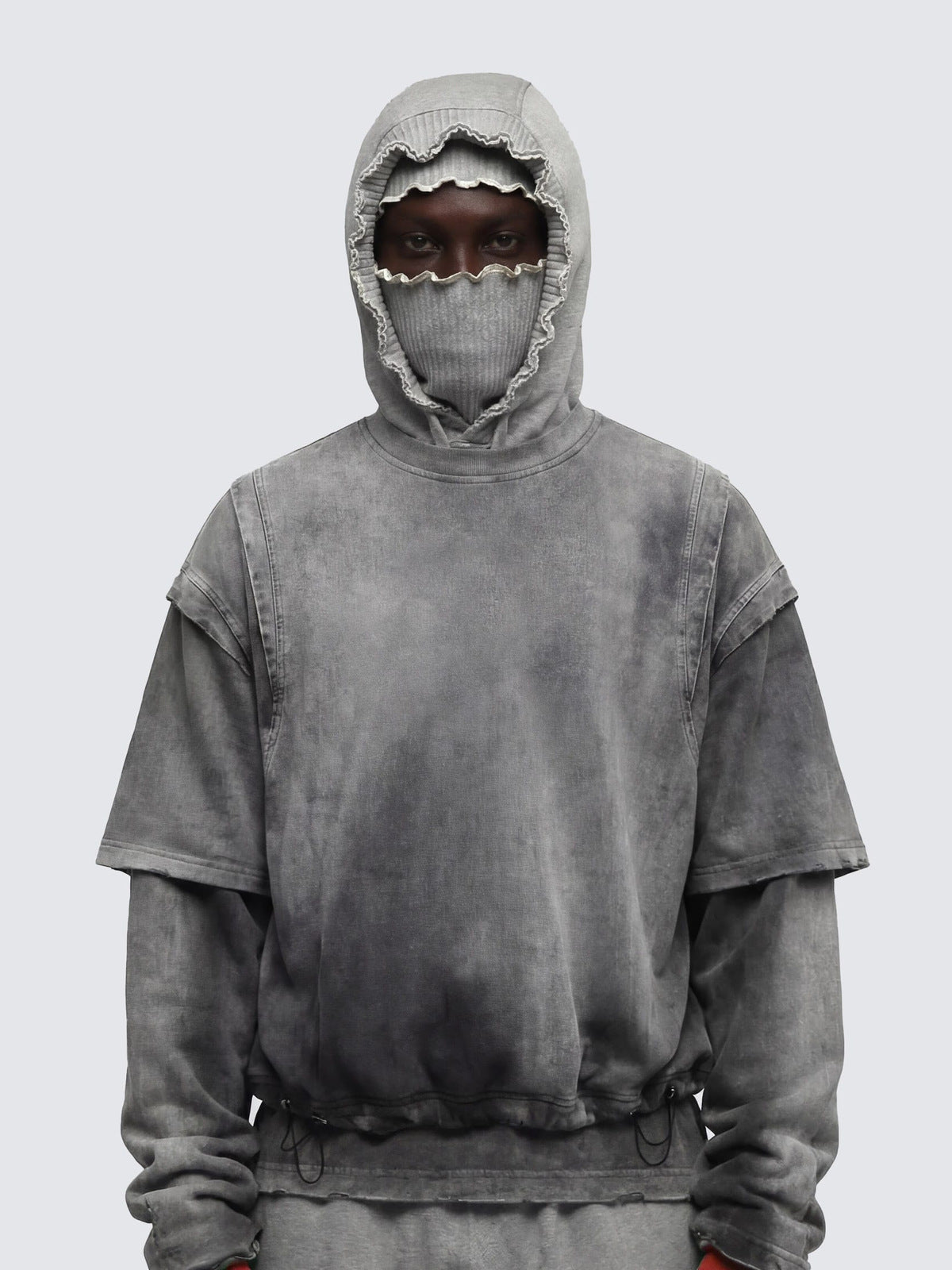 Washed Grey Layered Long Sleeve Shirt with Drawstring Hem – on model, front with balaclava hood | XoKool