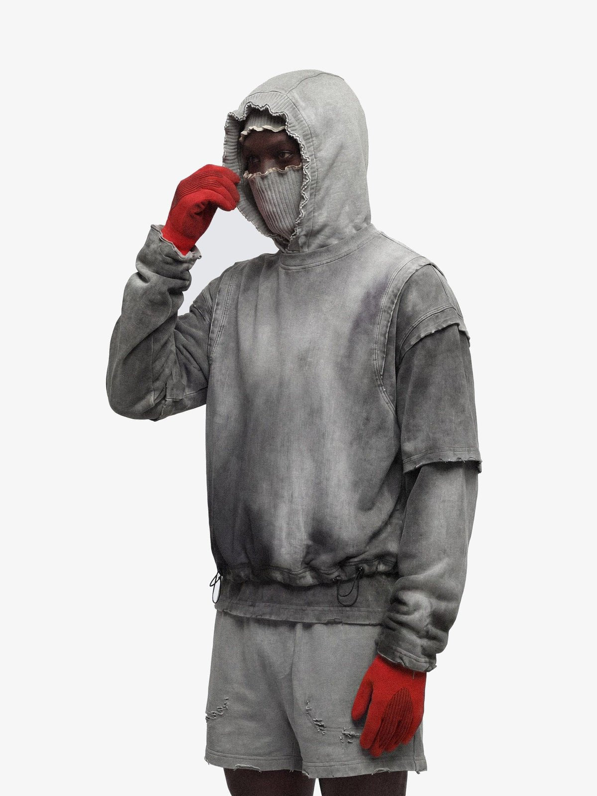 Washed Grey Layered Long Sleeve Shirt with Drawstring Hem – on model, side | XoKool