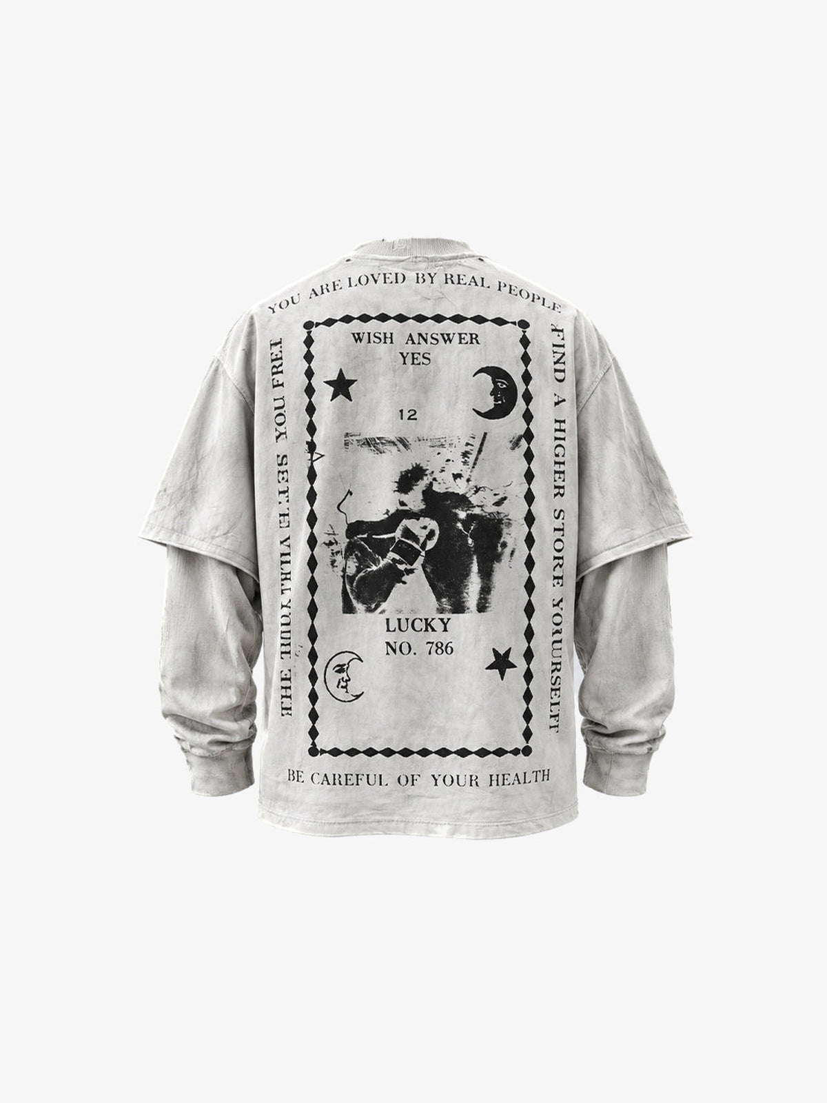 Washed Grey Layered Long Sleeve Tee with Tarot Print – back view | XoKool