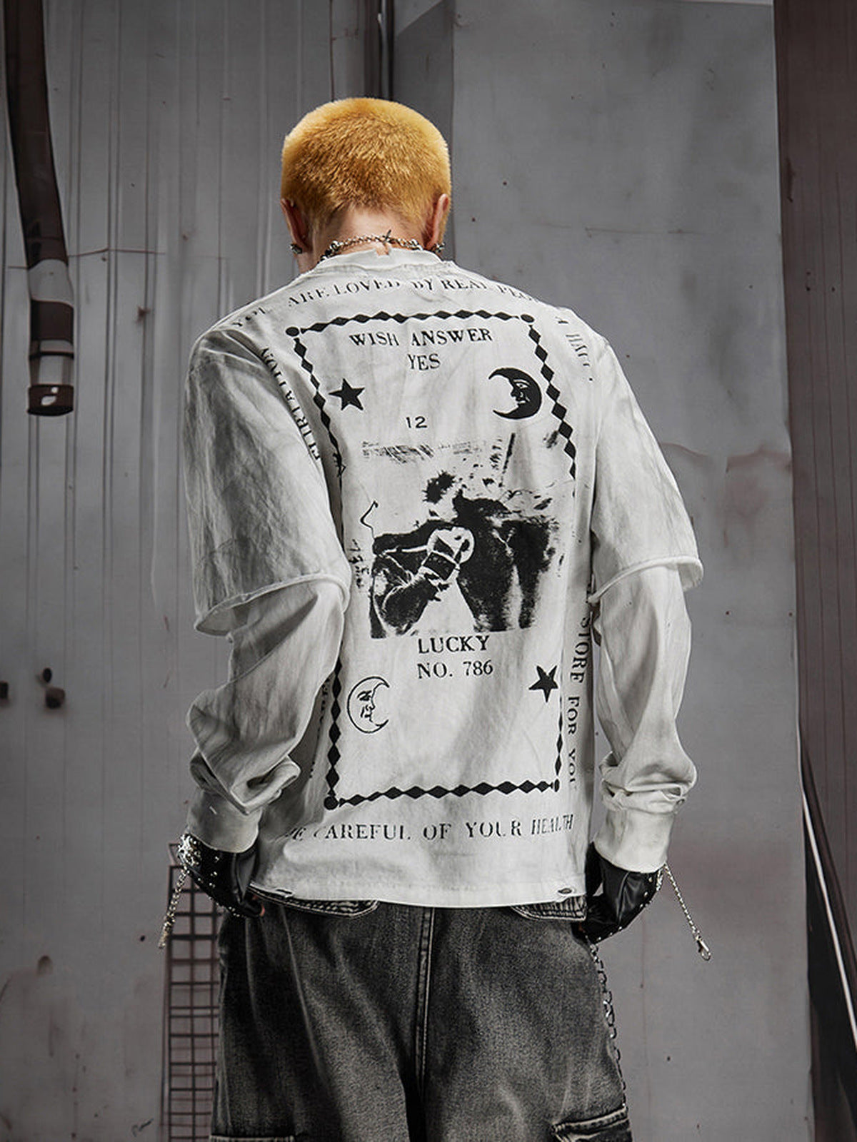 Washed Grey Layered Long Sleeve Tee with Tarot Print – on model, back | XoKool