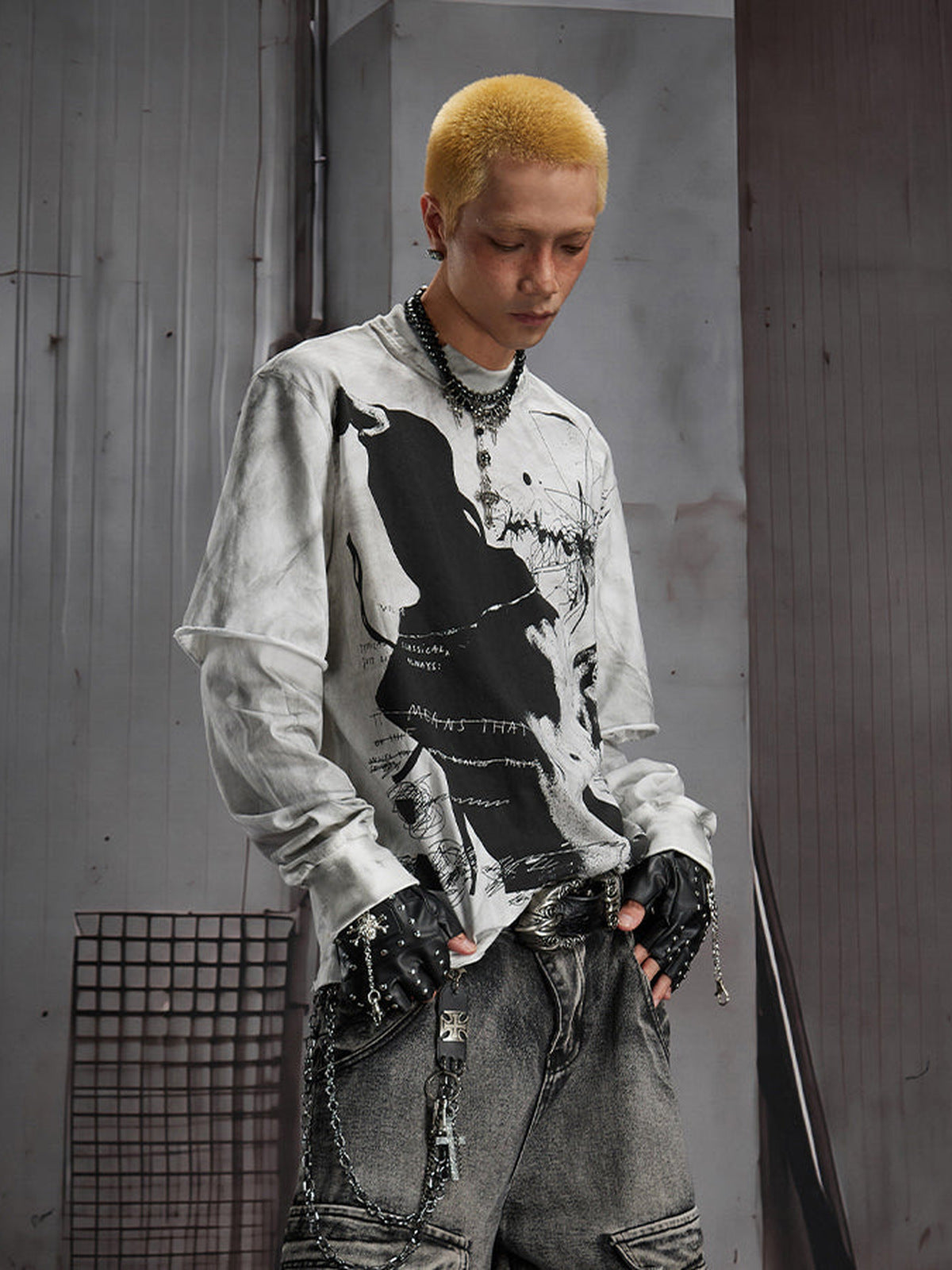 Washed Grey Layered Long Sleeve Tee with Tarot Print – on model, front | XoKool