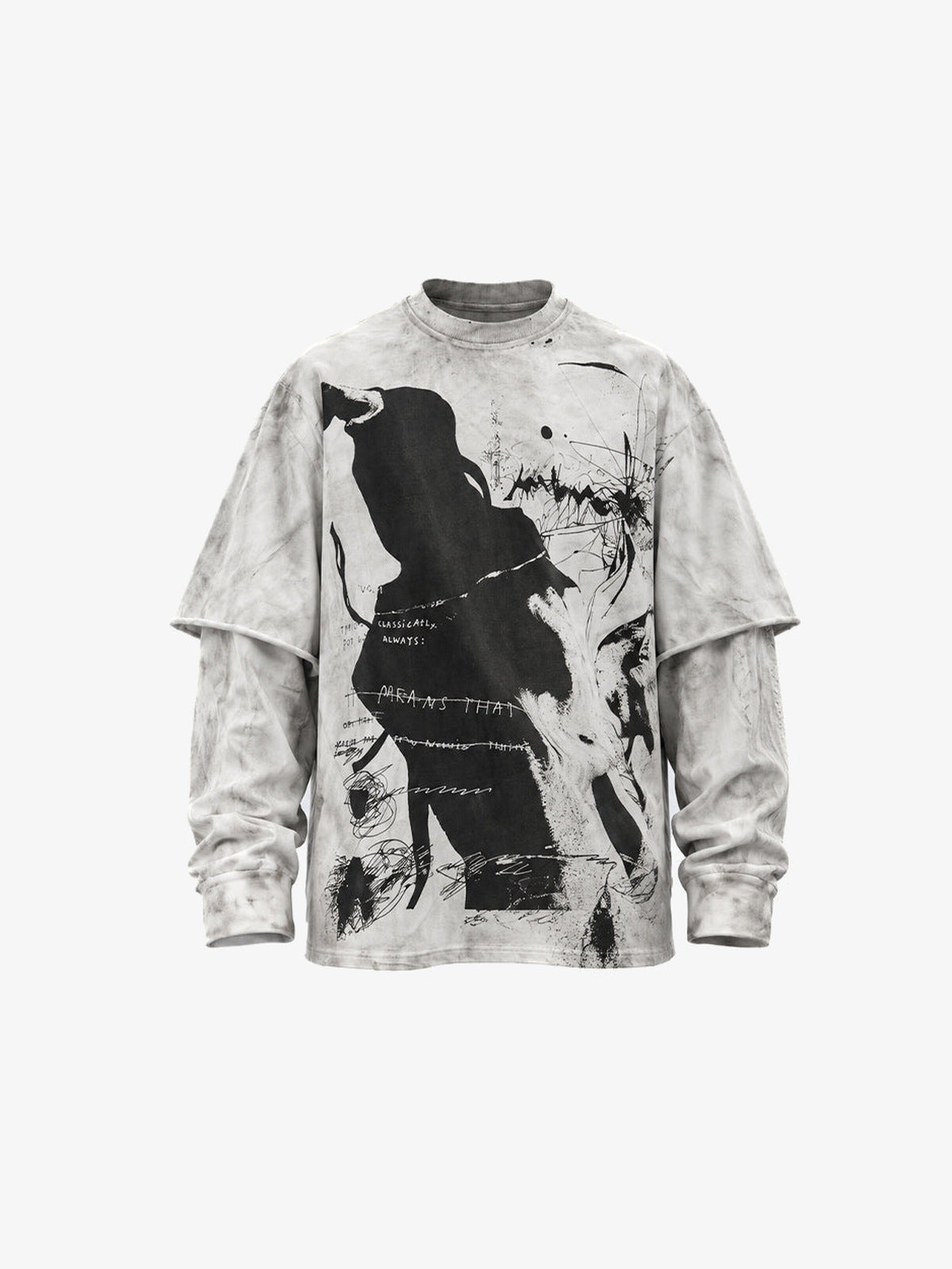 Washed Grey Layered Long Sleeve Tee with Tarot Print – Washed Grey, front view | XoKool