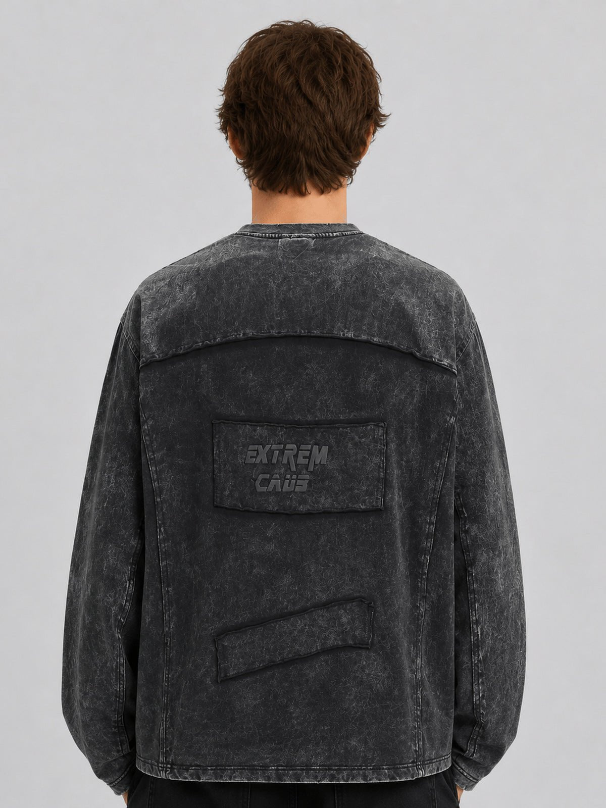 Washed Grey Long Sleeve Shirt with Exposed Seams – Charcoal, on model back | XoKool