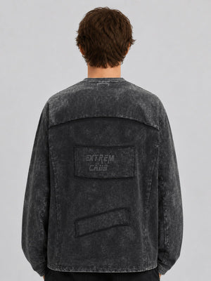 Washed Grey Long Sleeve Shirt with Exposed Seams – Charcoal, on model back | XoKool