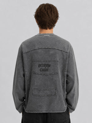 Raw seam long sleeve shirt – Grey, on model back | XoKool