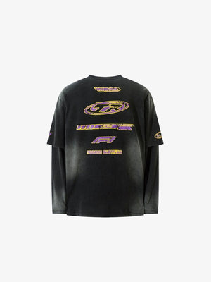 Washed Grey Racing Layered Long Sleeve Tee – Black, back view | XoKool