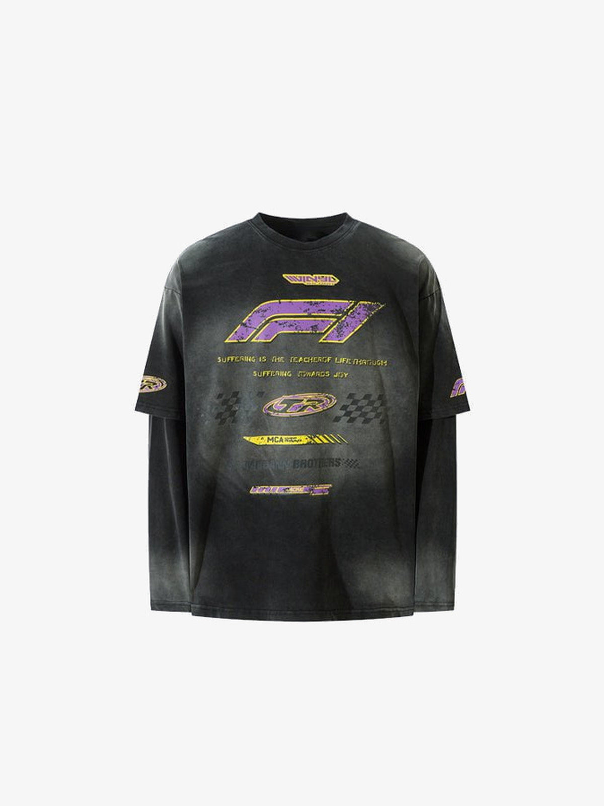 Washed Grey Racing Longsleeve im Layer-Look – Schwarz, Vorderansicht | XoKool