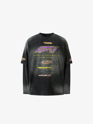 Washed Grey Racing Layered Long Sleeve Tee – Black, front view | XoKool