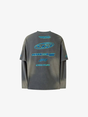 Washed Grey Racing Layered Long Sleeve Tee – Grey, back view | XoKool