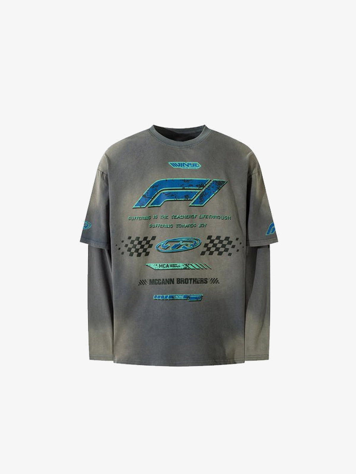 Washed Grey Racing Longsleeve im Layer-Look – Grau, Vorderansicht | XoKool