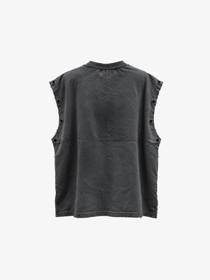 Camiseta sin mangas gris lavado con tachuelas y estampado de cara – Gris lavado, espalda en plano | XoKool