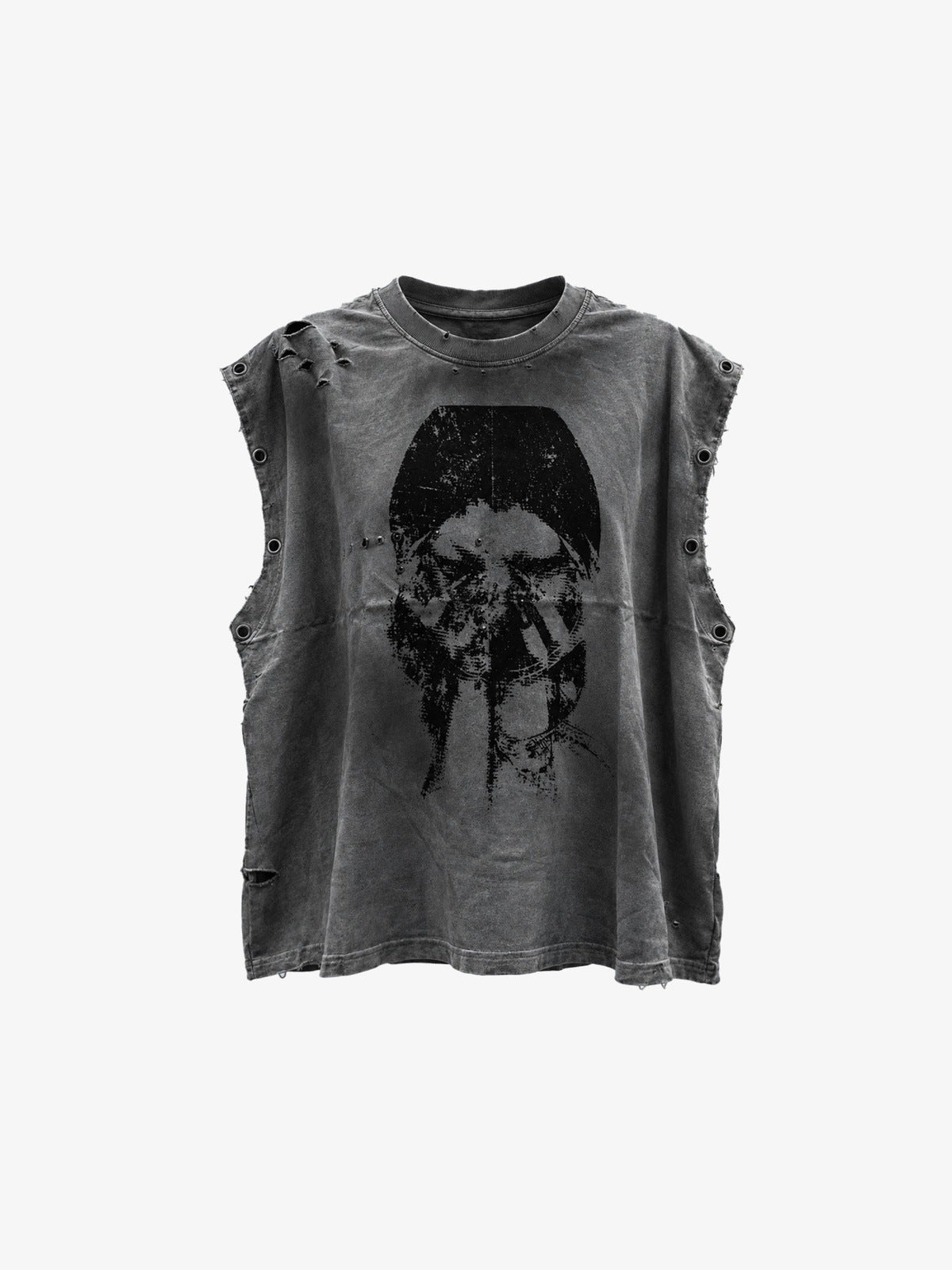 Washed Grey Tanktop mit Nieten und Gesichtsprint – Washed Grey, Vorderseite flach | XoKool